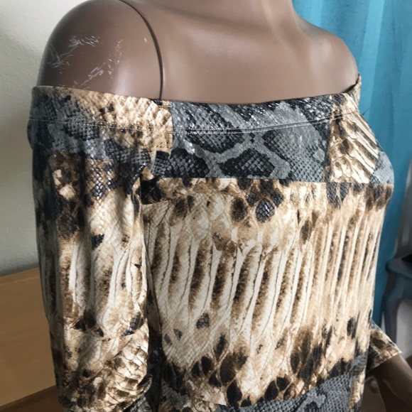 Mini Dress Size Large Off Shoulder Lizard Print Brand New Neutral Gray Clubwear - Picture 4 of 7